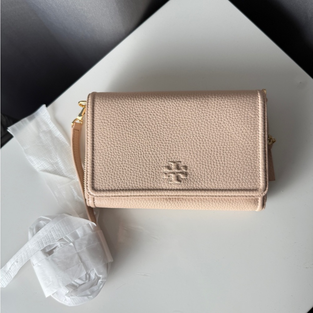 Tory Burch Thea Flap Crossbody Wallet Purse Pink Moon Pebbled Leather